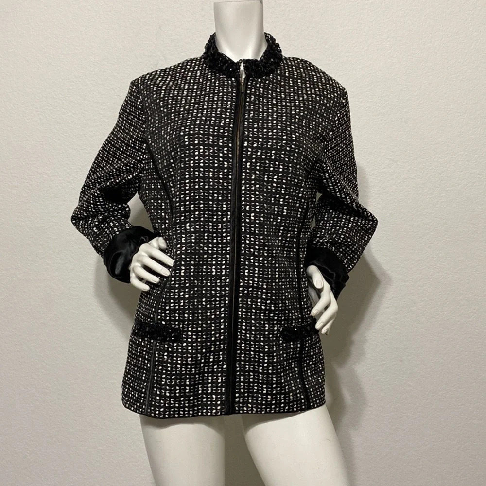 Chico’s Black & White Mandarin Collar Beaded Tweed Jacket